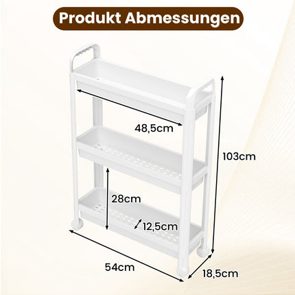 3-stöckiger schmaler Rollwagen mit Griffen, Weiß, 18,5 cm breit