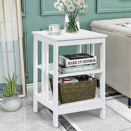 Table de chevet à 3 niveaux, étagères en MDF, barres de renfort, blanche