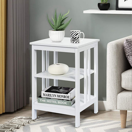 Table de chevet à 3 niveaux, étagères en MDF, barres de renfort, blanche