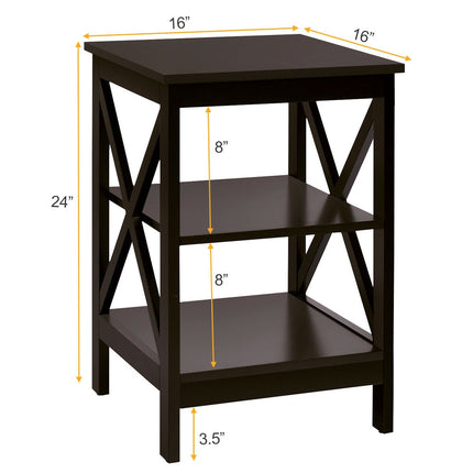 Table de chevet à 3 niveaux, étagères en forme de X, marron foncé