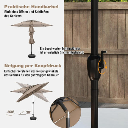 3-stöckiger Terrassenschirm, 300 cm, windbeständig, braun