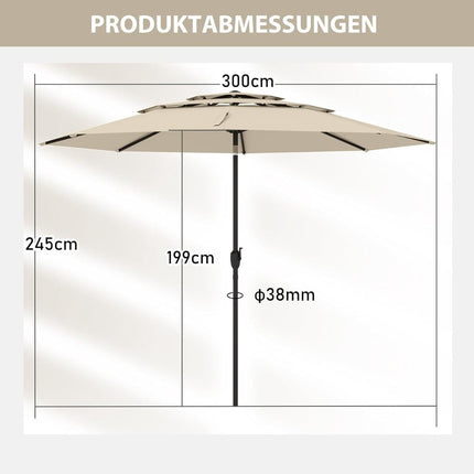Parasol de terrasse à 3 niveaux, beige, 300 cm, résistant au vent
