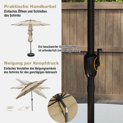 Parasol de terrasse à 3 niveaux, beige, 300 cm, résistant au vent