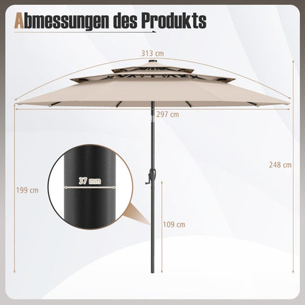 3-stufiger Sonnenschirm, Solar-LED, Kurbelneigung, Beige