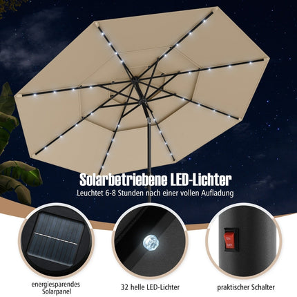 3-stufiger Sonnenschirm, Solar-LED, Kurbelneigung, Beige