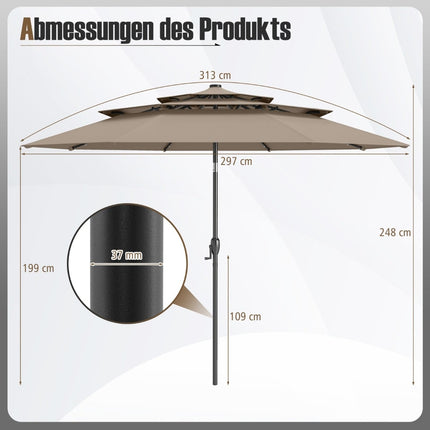 Parasol de terrasse à 3 niveaux, éclairage LED solaire, inclinaison par manivelle, marron