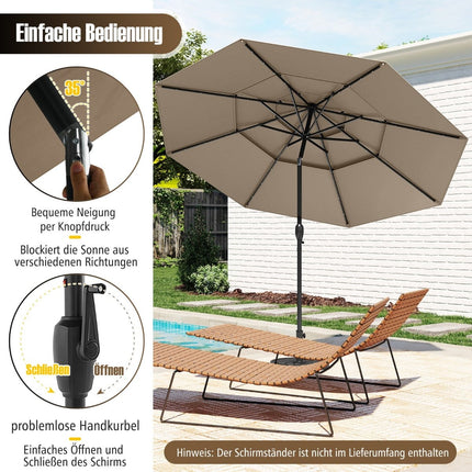 Parasol de terrasse à 3 niveaux, éclairage LED solaire, inclinaison par manivelle, marron
