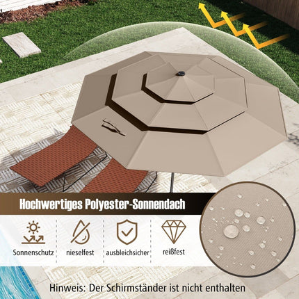 Parasol de terrasse à 3 niveaux, éclairage LED solaire, inclinaison par manivelle, marron