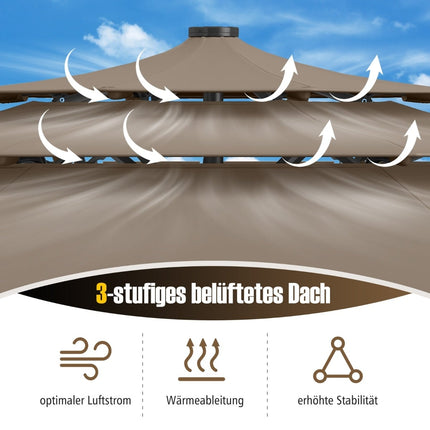 Parasol de terrasse à 3 niveaux, éclairage LED solaire, inclinaison par manivelle, marron