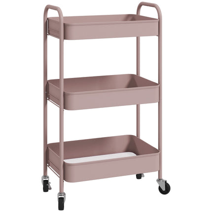 Chariot de rangement en acier rose à 3 niveaux avec roulettes