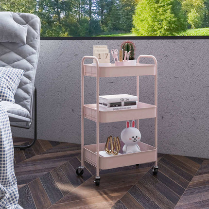 Chariot de rangement en acier rose à 3 niveaux avec roulettes