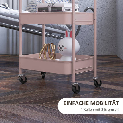 Chariot de rangement en acier rose à 3 niveaux avec roulettes