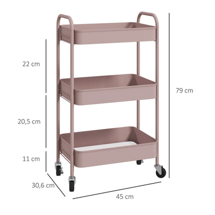 Chariot de rangement en acier rose à 3 niveaux avec roulettes
