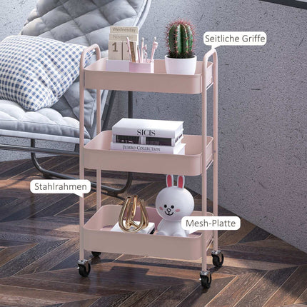Chariot de rangement en acier rose à 3 niveaux avec roulettes