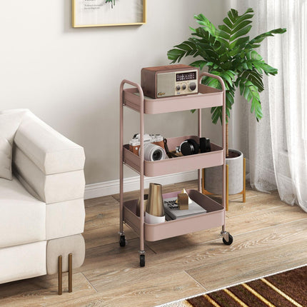 Chariot de rangement en acier rose à 3 niveaux avec roulettes