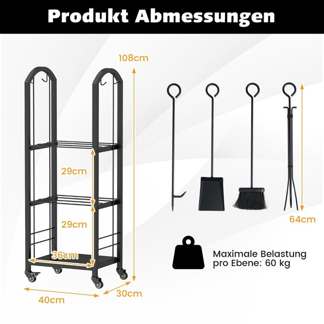 3-stufiges, fahrbares Kaminholzregal mit Werkzeug, für Innen/Außen