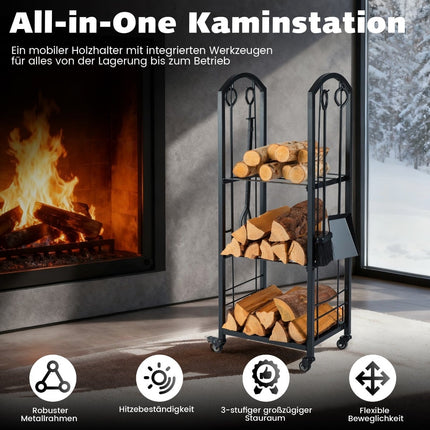 3-Tier Rolling Firewood Rack with Tools, Indoor/Outdoor