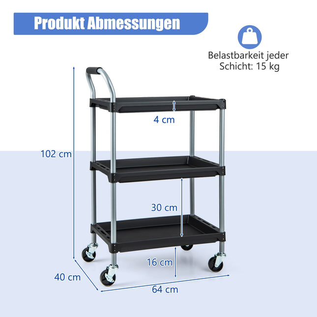 3-stöckiger Rollwerkstattwagen mit Rädern, Schwarz, 64x40x102 cm