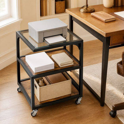 Table d'appoint à 3 niveaux avec plateau en verre et structure en acier
