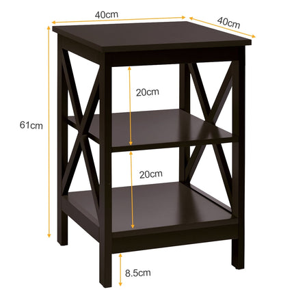 Quadratischer Beistelltisch mit 3 Ebenen, 40x40x61 cm, braunes MDF