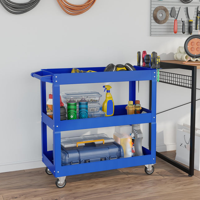 3-stöckiger Werkstattwagen aus Stahl, 4 Rollen, 83x35.3x76 cm, Blau