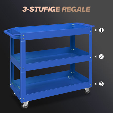 Chariot à outils en acier à 3 niveaux, 4 roues, 83 x 35,3 x 76 cm, bleu
