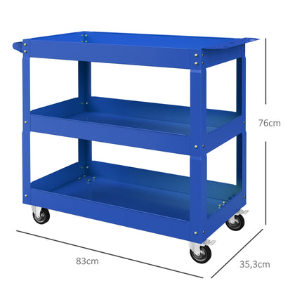 Chariot à outils en acier à 3 niveaux, 4 roues, 83 x 35,3 x 76 cm, bleu