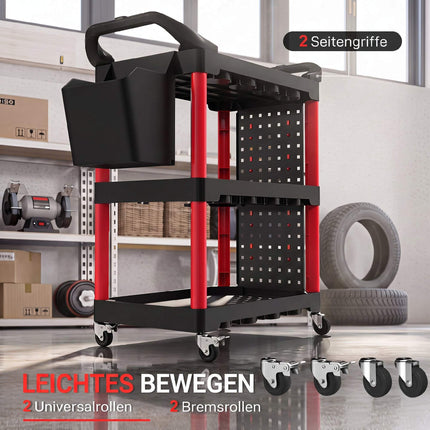 3-stöckiger Werkzeugwagen mit Lochwänden, Haken, Schwarz/Rot