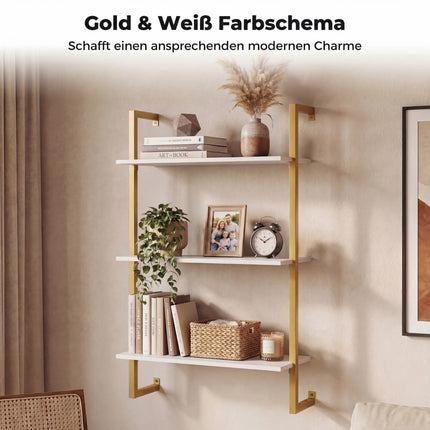3-stöckiges Wandregal mit Metallrahmen – Weiß, 53x23x90 cm