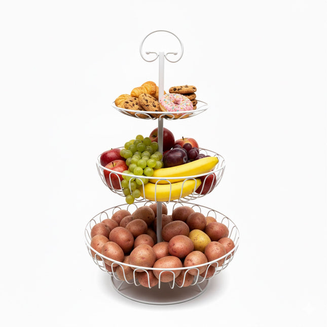 Présentoir à fruits à 3 niveaux en fil de fer - Forme ronde, favorisant la circulation de l'air