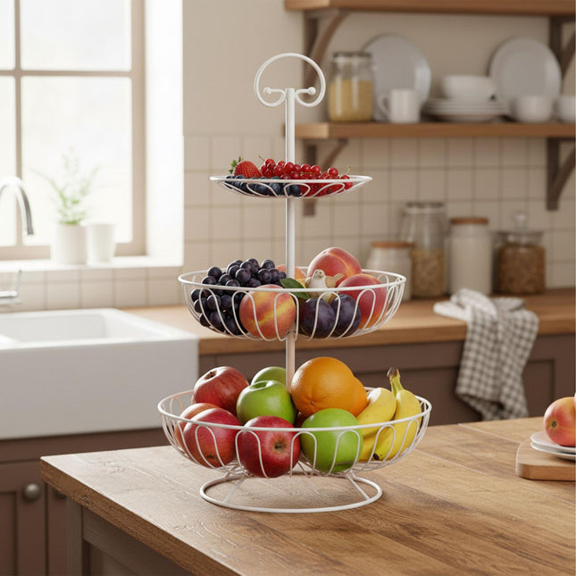 Présentoir à fruits à 3 niveaux en fil de fer - Forme ronde, favorisant la circulation de l'air