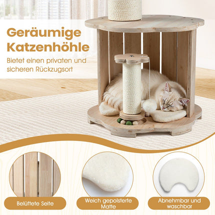 3-stöckiger Katzenkratzbaum aus Holz mit Kapsel und Kratzstämmen