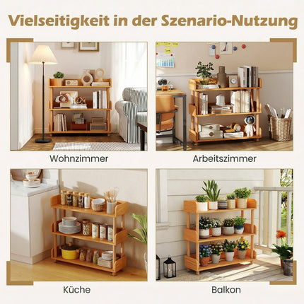 3-stöckiges Holzregal mit offenen Regalböden und seitlichen Streben