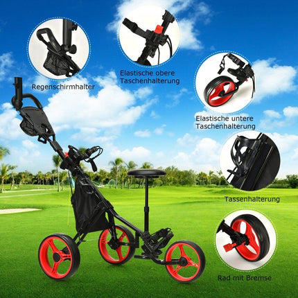 Chariot de golf réglable à 3 roues avec siège, rouge/noir