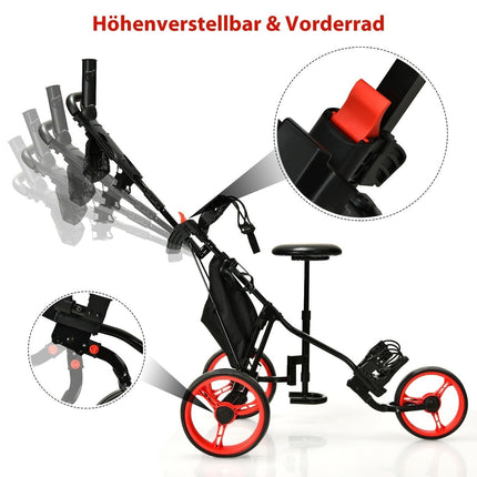 Chariot de golf réglable à 3 roues avec siège, rouge/noir