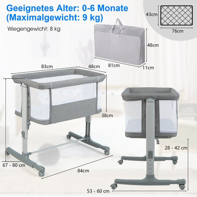 3-in-1 Babybett & Wiege mit Matratze, tragbar, grau