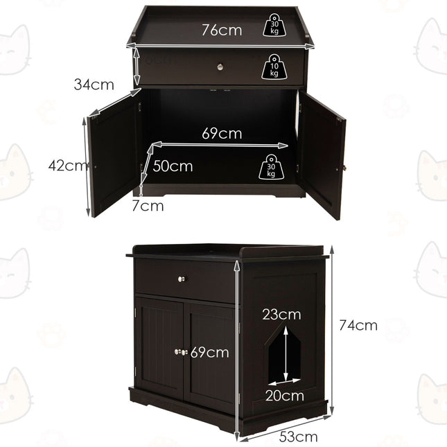 3-in-1 Katzenhaus Katzentoilette Beistelltisch mit Schublade, Braun