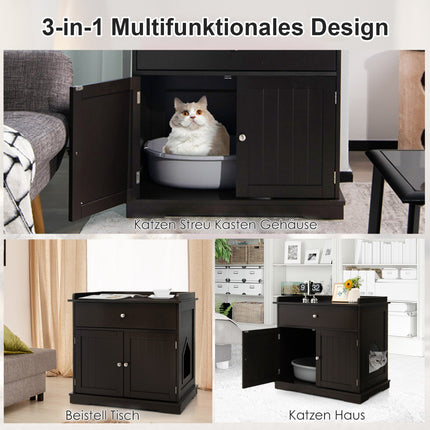 3-in-1 Katzenhaus Katzentoilette Beistelltisch mit Schublade, Braun