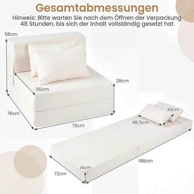 Canapé-lit 3 en 1 en chenille avec 2 coussins, beige