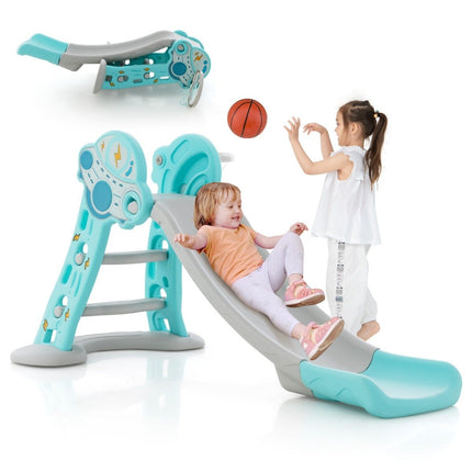 Toboggan, échelle et panier de basket-ball pour enfants 3 en 1, ensemble de jeu pliable avec zone tampon bleu