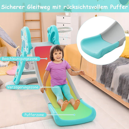 Toboggan, échelle et panier de basket-ball pour enfants 3 en 1, ensemble de jeu pliable avec zone tampon bleu