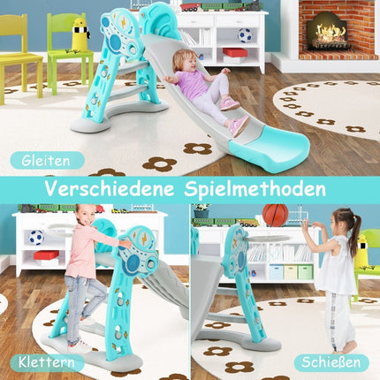 Toboggan, échelle et panier de basket-ball pour enfants 3 en 1, ensemble de jeu pliable avec zone tampon bleu