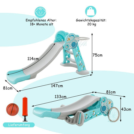 Toboggan, échelle et panier de basket-ball pour enfants 3 en 1, ensemble de jeu pliable avec zone tampon bleu