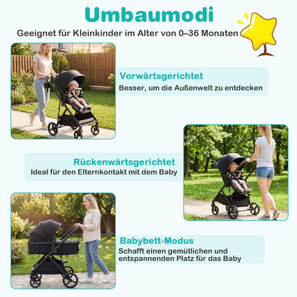 3-in-1 faltbarer Kinderwagen mit umsetzbarem Sitz & Liegefunktion