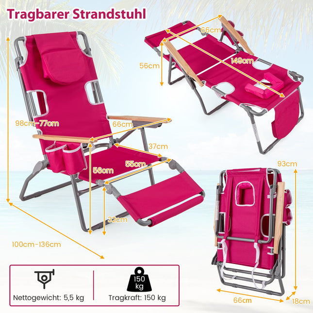 3-in-1-Klappstrandstuhl mit Fußstütze und Kissen