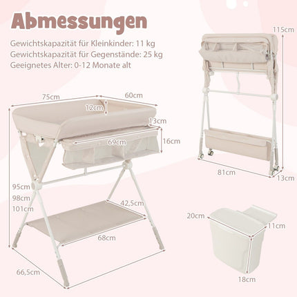 3 in 1 Wickeltisch klappbar mit Rollen &amp; Abfalleimer Mobiler Wickeltisch Wickelstation Beige