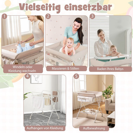 3 in 1 Wickeltisch klappbar mit Rollen &amp; Abfalleimer Mobiler Wickeltisch Wickelstation Beige