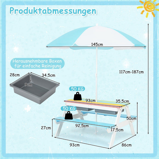 Table d'activités d'extérieur 3 en 1 pour enfants avec parasol