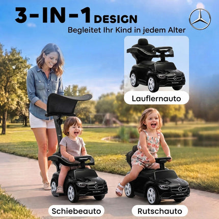 Voiture électrique 3 en 1 pour enfants avec poignée, noire, modèle Mercedes