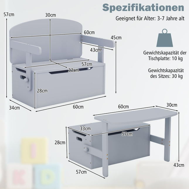 Ensemble de table 3 en 1 pour enfants avec rangement, bois, gris